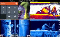 Obrazovka sonaru rozdelen na 3 okn: vavo priestorov zobrazenie a vpravo 2D a pod nm naporovnanie priestorov zobrazenie